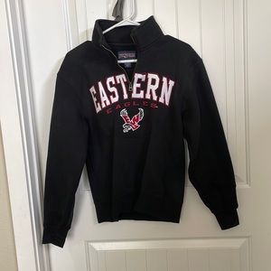 Two black EWU sweatshirts. One quarter zip (XS), and one crewneck (S).
